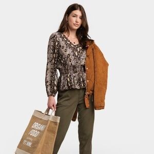 Francesca's Angie NWT Blouse Snake Print Long Sleeve Brown Boho Size Large